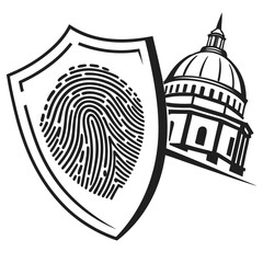 Black fingerprint on shield with government building graphic