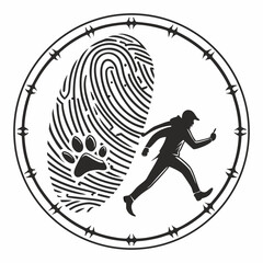 Black fingerprint with paw print and running figure in circle