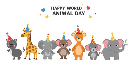 Happy world animal day celebration with cute cartoon animals wearing party hats and confetti cheerful greeting vector