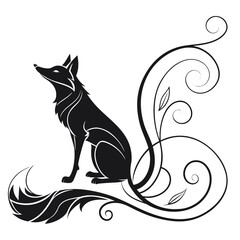 Black fox silhouette with ornate swirling tail and leaves