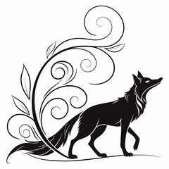 Black fox silhouette with decorative swirling vines and leaves