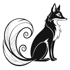 Black fox silhouette with ornate swirling tail white