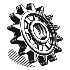 Black gear with digital pixel effect on white background