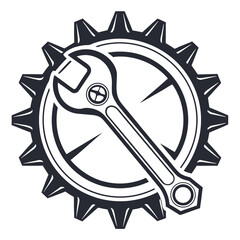 Black gear with wrench inside on white background tool