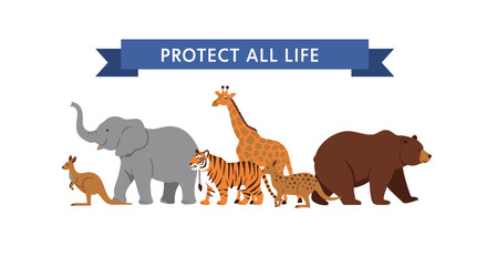 Diverse wildlife conservation concept featuring animals kangaroo elephant tiger giraffe bear message protect all life vector