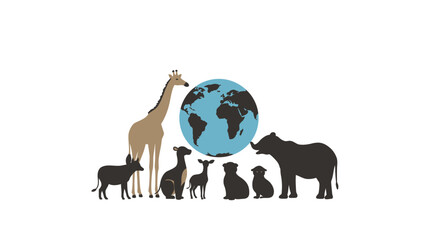 Diverse african wildlife silhouette assemblage centered around a detailed earth globe symbolizing global conservation efforts vector