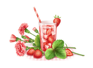 Vintage composition of strawberry cocktail or mocktail and pink red flowers carnation Watercolor art