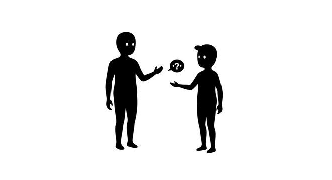 Two silhouetted figures interacting with a speech bubble containing a question mark symbol promoting communication and dialogue vector