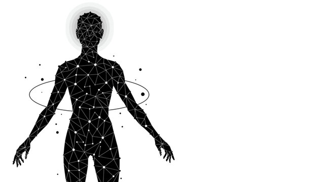 Abstract silhouette of human body composed of interconnected scientific symbols and celestial orbits illustrating global science network vector