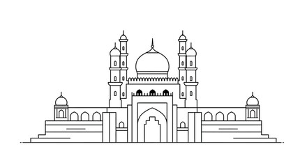 Fototapeta premium Architectural sketch of a grand mosque with twin minarets and central dome showcasing islamic heritage and cultural significance vector