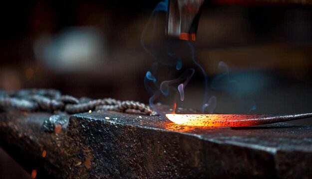 Close-up of blacksmith forging glowing hot iron on anvil with flying sparks
