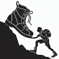 Black silhouette hiker climbing giant boot on white background