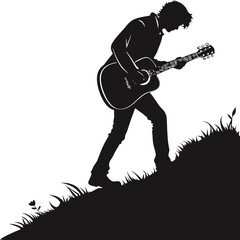 Black silhouette of a man playing guitar on a grassy hill