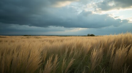 Tall grass flattened in waves, horizon under dark clouds