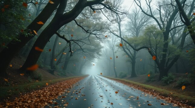 Storm-blown trees bending over road, debris and leaves airborne