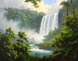 A breathtaking painting of a majestic waterfall surrounded by lush green vegetation