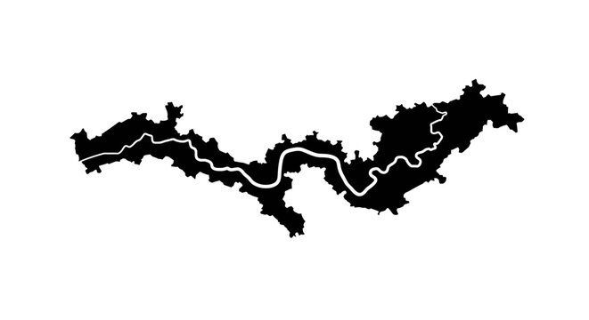 Silhouette of london with the river thames winding through its iconic shape detailed map outline vector