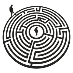 Black circular maze with figures on white background