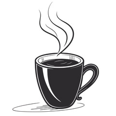 Black coffee mug with steam on white background hot drink