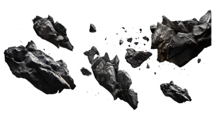 Black rocks and stones floating in air isolated on a transparent white background, clipping path