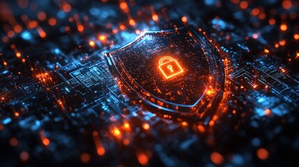 A high-tech logo design for a cybersecurity company, with a shield and lock symbol, combined with futuristic digital elements and a sleek color palette of black and electric blue