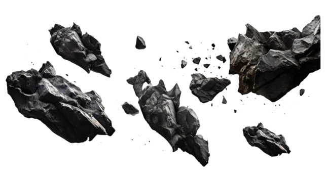 Black rocks and stones floating in air isolated on a transparent white background, clipping path