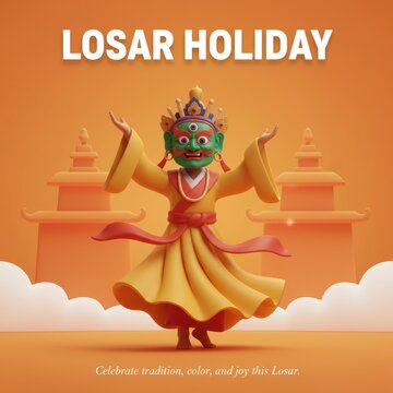 3D Losar Holiday Celebration With Traditional Masked Dancer culture