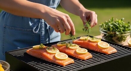 Fresh salmon fillets grilling outdoors, seasoned with herbs and lemon