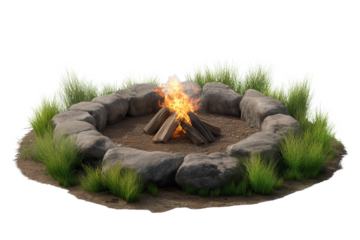 Campfire surrounded by circular stone ring with vibrant grass, creating a cozy atmosphere for gatherings and relaxation
