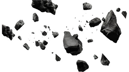 Black rocks and stones floating in air isolated on a transparent white background, clipping path