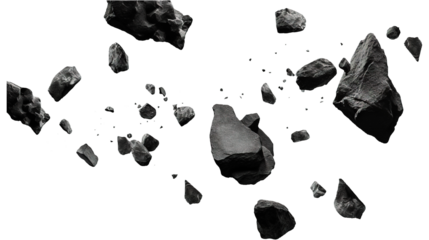 Black rocks and stones floating in air isolated on a transparent white background, clipping path