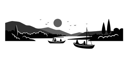 Serene river landscape with silhouette boats and majestic mountain views under a setting sun sky vector