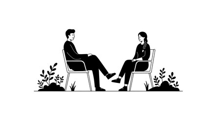 Two people sitting facing each other in chairs discussing ideas and sharing thoughts in a meeting setting vector
