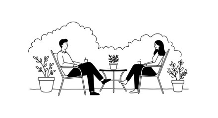 Couple relaxing outdoors enjoying coffee together at table surrounded by lush greenery and flowers sketch style vector