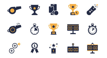 Sports trophy cup award medal stopwatch whistle clipboard scoreboard icons set collection achievement competition victory vector