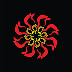 abstract flame spiral in red and gold, symmetrical fire design with radiating motion