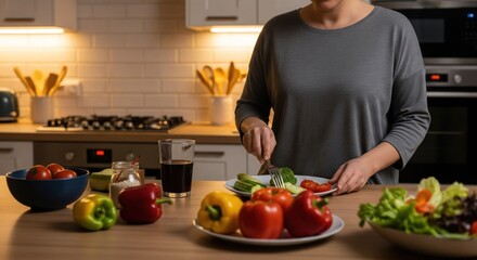 Healthy evening meal preparation.  Person preparing a colorful vegetable salad in a kitchen