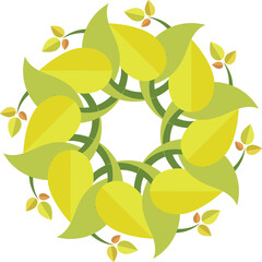 stylized green and yellow leaf wreath design circular symmetrical foliage pattern, organic nature ring for eco and wellness themes