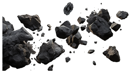 Black rocks and stones floating in air isolated on a transparent white background, clipping path