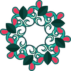floral wreath with red and green leaves ornamental circular pattern in vintage style