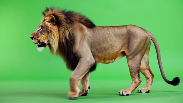 L&ouml;we vor Greenscreen &ndash; majest&auml;tischer K&ouml;nig der Savanne, freigestellt f&uuml;r kreative Projekte