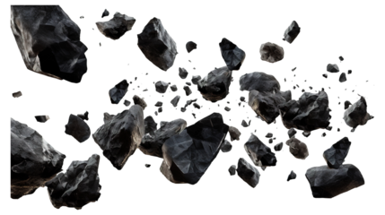 Black rocks and stones floating in air isolated on a transparent white background, clipping path