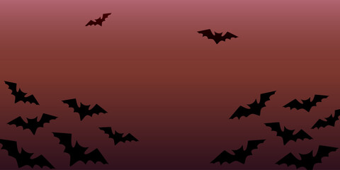 Bats silhouette on sunset sky background vector illustration. Halloween scene template banner with place for text