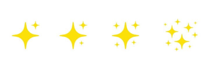 Collection of four hand drawn yellow starburst sparkle effects isolated on transparent background