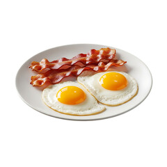 Two sunny-side up eggs, with crispy bacon strips, isolated on white or transparent background, AI