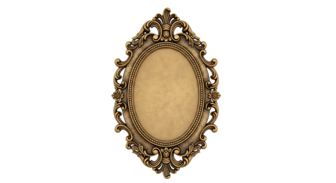 Ornate Oval Golden Frame, with Floral Accents and Textured Center, isolated on white or transparent background, AI