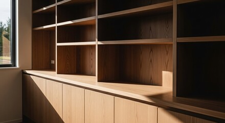 Modern built-in shelving unit, natural light