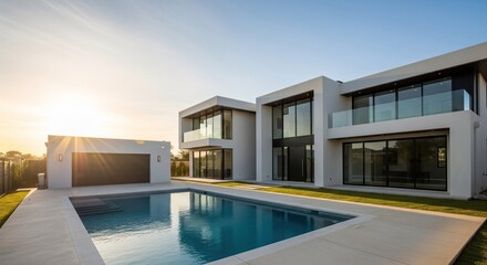 Modern luxury home with a pool.  Spacious outdoor living area featuring a contemporary architectural design