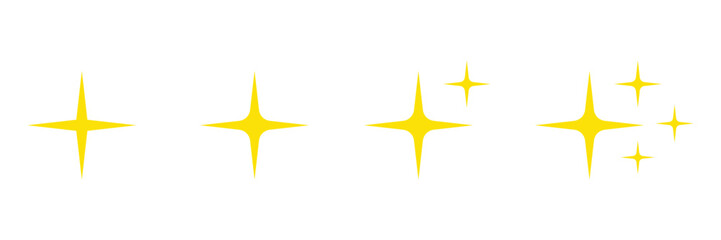 Collection of bright yellow sparkling starbursts and glitters isolated on transparent background