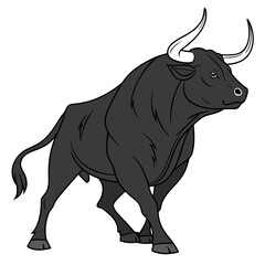 Black bull with long horns on white background animal